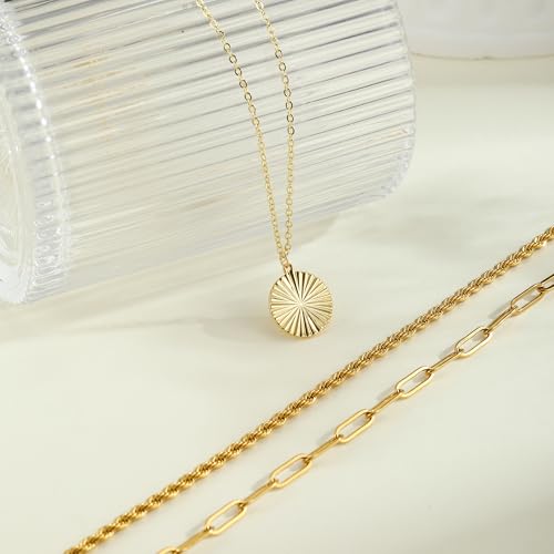 MFRYK Gold Necklaces for Women,14K Gold/Silver Plated Choker Layered Necklace Dainty Pearl Disc Cross Circle Heart Pendant Chain Stackable Necklaces, Multilayer Jewelry Set Gifts for Women - style: 3Layered Disc-GD