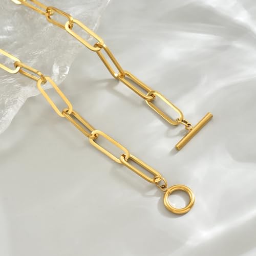 Chunky Gold Necklace for Women, 18K Gold Plated Paperclip, Figaro Link Chain Necklace, Toggle Clasp Necklaces, Trendy Non Tarnish Jewelry, Christmas Gifts - style: Paperclip Toggle 17.7''-Gold