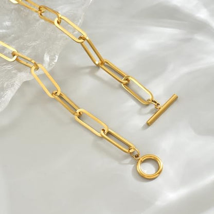 Chunky Gold Necklace for Women, 18K Gold Plated Paperclip, Figaro Link Chain Necklace, Toggle Clasp Necklaces, Trendy Non Tarnish Jewelry, Christmas Gifts - style: Paperclip Toggle 17.7''-Gold