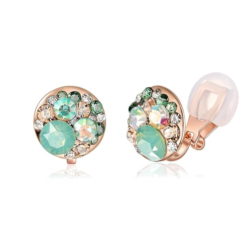EVEVIC Multicolor Austrian Crystal Round Clip On Earrings for Women | 14K Gold Plated,Silicone Comfort Pad,Playful Colorful Crystal,Gift Box Included,Perfect for Daily Wear and Special Events - color: Green Opal+Aurora Borealis Crystal