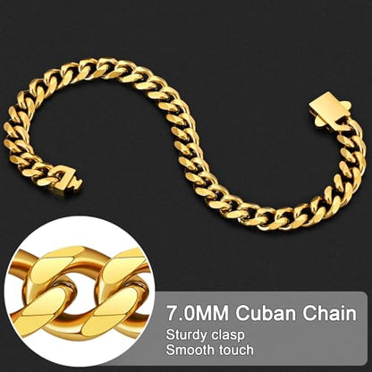 Fiusem Cuban link Mens Bracelet | 5mm/7mm/8mm Width, 7.1"/7.5"/7.9" Length Stainless Steel Bracelets for Men - color: 7mm width-gold, size: 7.1 inches