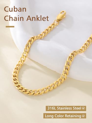 FindChic Stainless Steel Ankle Bracelets for Women, Waterproof Figaro/Cuban/Box/Beaded Chain Anklets, Summer Beach Foot Jewelry, 8.5''-10.5'' Adjustable Length, with Gift Box - style: Cuban Chain-Gold