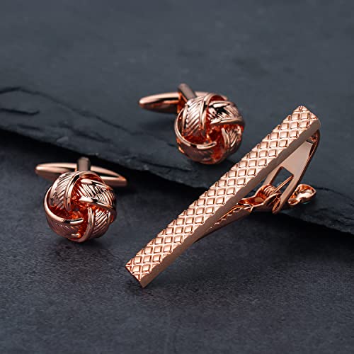 HAWSON Metal Cufflinks and Tie Clip Set for Men Novelty Cuff Links and Tie Bar Gifts for Wedding Level,Football, Musical Symbols Designs - color: Rose Gold Knot