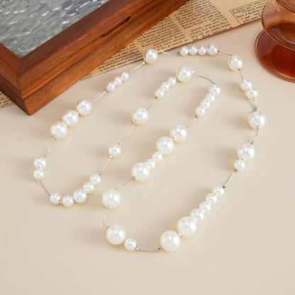 Dainty Floating Pearl Choker Necklace Invisible Thread Station Pearl Necklace Delicate White Faux Pearl Strand Minimalist Wedding Bridesmaid Jewelry for Women