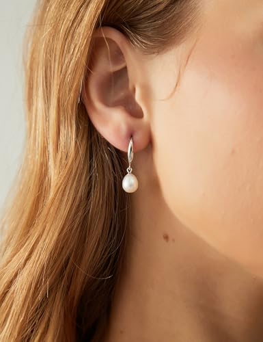 EAMTI Pearl Earrings for Women 925 Sterling Silver Freshwater Cultured Pearl Dangle Drop Earrings Hook Earrings Hypoallergenic - color: Rice Pearl-Silver