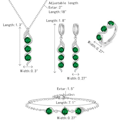 Crysdue Wedding Bridal Teardrop CZ Pendant Necklace Open Ring Dangle Earrings Adjustable Slider Bracelet Jewelry Set, Birthday Mothers Day Christmas Jewellery Gift for Women/Mom/Wife - style: 04-4pcs-Emerald CZ