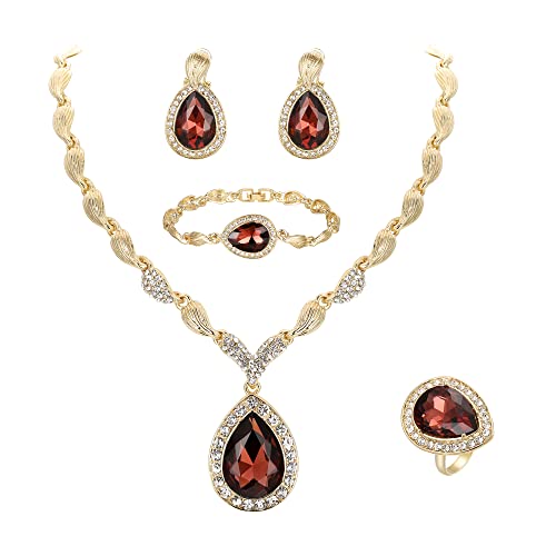 Womens Africa 18k Gold Plated Jewelry Set Crystal Rhinestones Petals Teardrop Cluster Bib Statement Necklace Link Bracelet Dangle Earrings Ring for Prom - color: 04-Amethyst Color Gold-Plated-Base