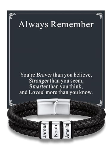Custom4U Personalized Braided Leather Bracelet for Men with Name Engraved | 1-5 Name Engraving, Stainless Steel Bead, 7.5/8.3/9 Inch Black Leather, Gift Design for Men with Custom Keepsake Cards - color: 01-Steel Color-Always Remember, size: 3 Names