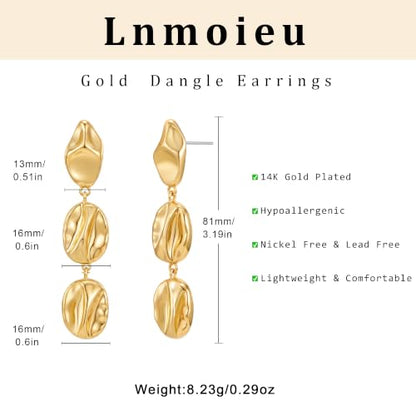 Gold Dangle Earrings for Women,Chunky 14K Gold Plated Drop Dangle Stud Earrings Long Statement Hammered Earring Hypoallergenic Jewelry for Women Gifts - style: Irregular Hammered-GD