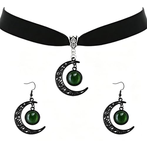 ONLYJUMP Gothic Witch Moon Earrings Necklace Set for Women Goth Black Velvet Moon Choker Necklace Moon Zirconia Dangle Drop Earrings Dark Halloween Witch Vampire Jewelry - color: Green