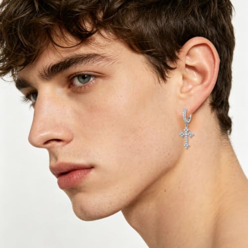 NEWITIN CZ Cross Earrings for Men Women 14K Gold Plated Huggie Hoop Earring | Hypoallergenic, 5A+ Cubic Zirconia, Cartilage Earring, Sensitive Ears, Silver Gold, Men Hoops Dangling, Cross Diamond Earring - color: Silver A