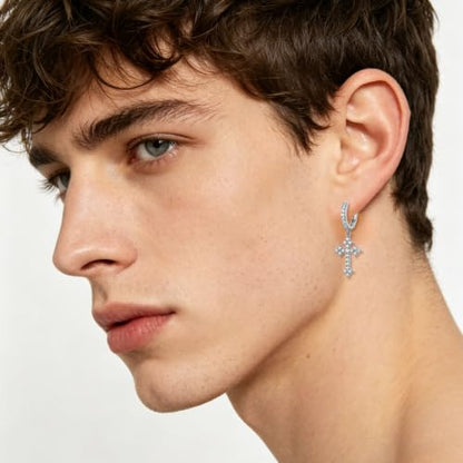 NEWITIN CZ Cross Earrings for Men Women 14K Gold Plated Huggie Hoop Earring | Hypoallergenic, 5A+ Cubic Zirconia, Cartilage Earring, Sensitive Ears, Silver Gold, Men Hoops Dangling, Cross Diamond Earring - color: Silver A
