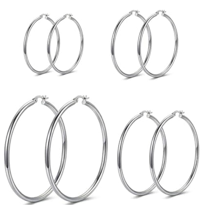 4 Pairs Silver Gold Hoop Earrings for Women,30/40/50/60 mm Stainless Steel 14K Silver Gold Plated Loop Earrings for Women Hypoallergenic Fashionable Lightweight Big Women Earrings Loop Earrings Set - color: Silver-30/40/50/60mm