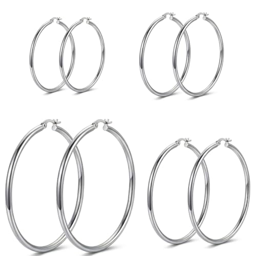 4 Pairs Silver Gold Hoop Earrings for Women,30/40/50/60 mm Stainless Steel 14K Silver Gold Plated Loop Earrings for Women Hypoallergenic Fashionable Lightweight Big Women Earrings Loop Earrings Set - color: Silver-30/40/50/60mm