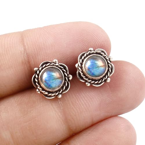 925 Sterling Silver Gemstone Stud Earrings for Women | Handmade Birthstone Jewelry | Labradorite, Turquoise, Carnelian, Moonstone, Black Onyx, Amethyst