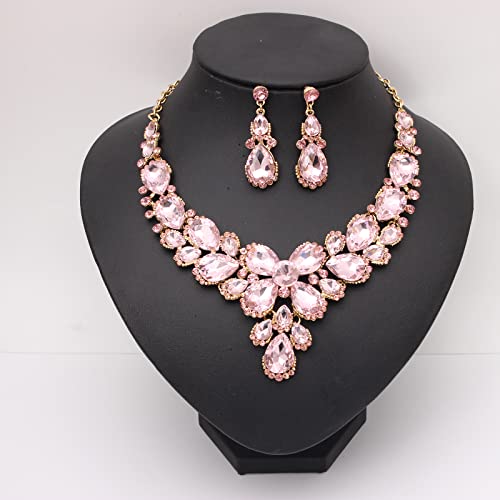 Women's Wedding Bridal Austrian Crystal Glass Teardrop Statement Necklace Dangle Earrings Bracelet Ring Wedding Party Jewelry Set for Bridal Bridesmaid - color: Light Pink-Gold Plated