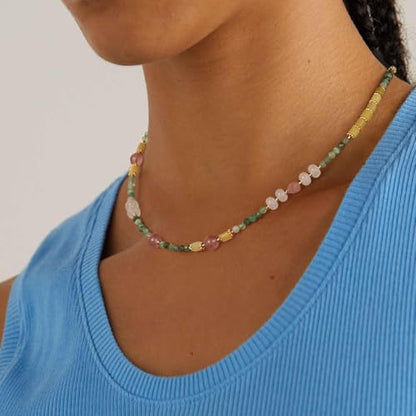 KissYan Beaded Choker Necklace for Women, Colorful Natural Gemstones Pearl Choker 14K Gold Plated Pendant Healing Crystal Necklace Handmade Stone Jewelry Gift | 14K Gold Plated Pendant Necklaces, Natural Gemstones Pearl Choker, Healing Crystal Chain, Hand