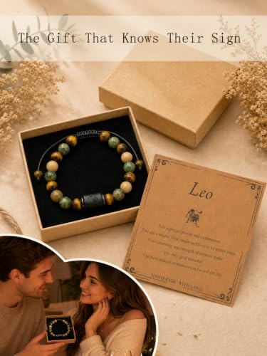 Zodiac Bracelet for Women and Men, Zodiac Sign Natural Stone Beaded Bracelet, Adjustable Horoscope Astrology Bracelet with Zodiac Card, Birthday Gift for Her Him - color: Leo