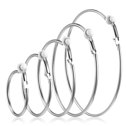 5 Pairs Stainless Steel Clip on Earrings Hoop 5 Sizes 30/40/50/60 /70mm Earrings for Women Thin Lightweight Dangle Set