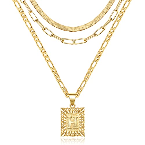 KissYan Gold Layered Initial Necklace Set for Women | 14K Gold/White Gold Plated Letter Pendant with Paperclip Snake Figaro Choker Chain, Alphabets from A-Z Jewelry Gifts - color: 3PCS, style: H