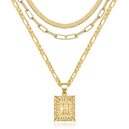 KissYan Gold Layered Initial Necklace Set for Women | 14K Gold/White Gold Plated Letter Pendant with Paperclip Snake Figaro Choker Chain, Alphabets from A-Z Jewelry Gifts - color: 3PCS, style: H
