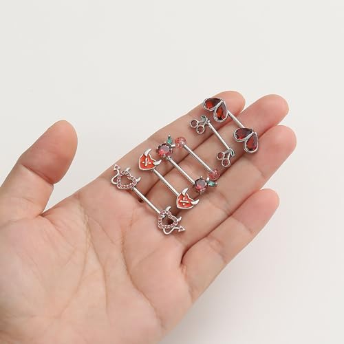 8 Pairs Nipple Rings 14G Stainless Steel Heart Cherry Apple Devil CZ Acrylic Ball Stud Barbell Tongue Rings Set Cute Nipplerings Piercing Jewelry for Women Red Silver Tone - color: Red