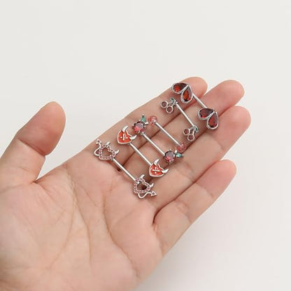 8 Pairs Nipple Rings 14G Stainless Steel Heart Cherry Apple Devil CZ Acrylic Ball Stud Barbell Tongue Rings Set Cute Nipplerings Piercing Jewelry for Women Red Silver Tone - color: Red