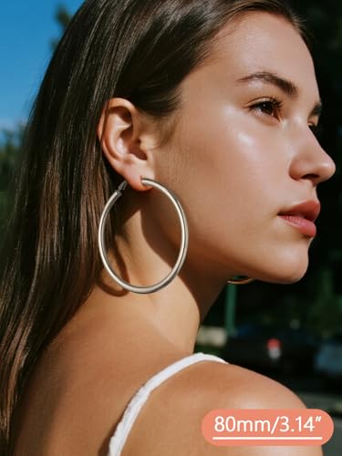 FaithHeart Silver/Black/Gold Stainless Steel Chunky Hoop Earrings for Women | Hypoallergenic Lightweight Hoop Earrings, Trendy Statement Thick Hoop, 20/30/40/50/60/70/80mm - color: Silver, size: 80mm