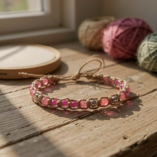 BlueRica Hemp Anklet with Glass Beads - style: Pink