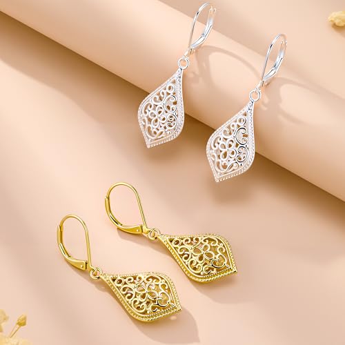 BOUTIQUELOVIN Filigree Dangle Earrings for Women Drop Earings | 14K Gold Plated Geometric Dangling Leverback Earrings Silver Hypoallergenic Dangly Earings Lightweight Daily Jewelry Gifts - color: C-14K Gold