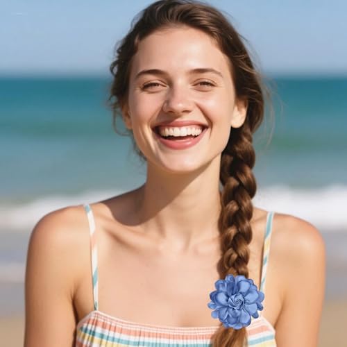 Satin Rose Flower Brooch Hair Clip for Women 4.3 Inch Floral Pin for Hats Dress Everyday Outfits Beach Vacations - color: Haze Blue