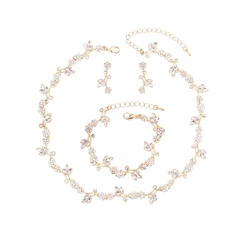 Brides Bridesmaid Flower Leaf Choker Necklace Dangle Earrings Link Bracelet Austrian Crystal Wedding Jewelry Set for Prom Costume Party Accessories for Woman - color: Crystal-Gold Plated