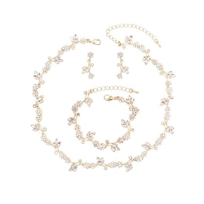 Brides Bridesmaid Flower Leaf Choker Necklace Dangle Earrings Link Bracelet Austrian Crystal Wedding Jewelry Set for Prom Costume Party Accessories for Woman - color: Crystal-Gold Plated
