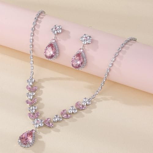 OIDIMS Elegant Teardrop Flower Leaf Wedding Bridal Jewelry Set for Women Ladies Cubic Zirconia Pendant Choker Necklace Drop Dangle Earring Fashion Evening Party Formal Costume Accessories Jewelry - color: Pink