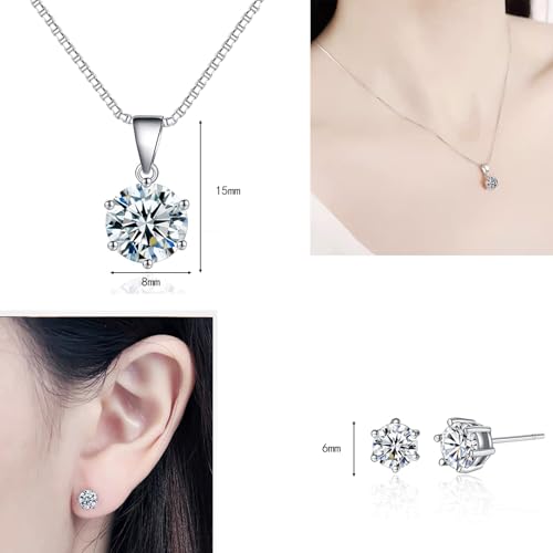 Dainty Solitaire Necklaces Stud Earrings Set For Women,White Gold Plated Simple Prom Jewelry Set Cubic Zirconia Pendant Choker Necklace And Earring Sets Wedding Jewelry For Bridal - color: 6 Prong necklace stud set