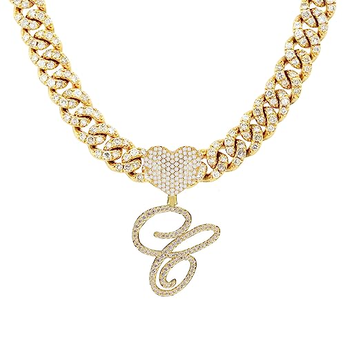 Initial Necklaces Silver Cuban Link Chain for Women Iced Out Chain with Heart Letter Pendants Custom Chain Name Necklace Hip Hop Jewelry Gift - color: C Gold