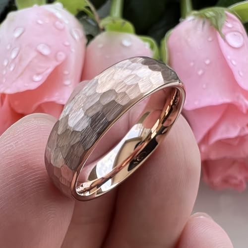 TUTISS 6mm 8mm Silver/Black/Gold/Rose Gold Hammered Tungsten Rings for Men Women Couple Fashion Jewelry Engagement Wedding Bands Domed Matte Finish Comfort Fit - color: 6mm Rose Gold I Love You Engraved