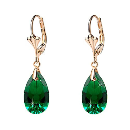 Austrian Crystal Teardrop Leverback Dangle Earrings for Women Fashion 14K Gold Plated Hypoallergenic Jewelry - color: Emerald
