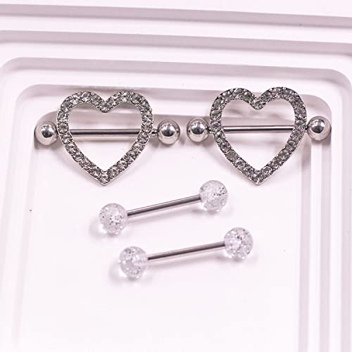 VERAMI 14G Stainless Steel Heart Nipple Rings and Barbell - Butterfly, Starlight Acrylic Ball, Tongue Rings for Women and Men - color: CLEAR-CZ