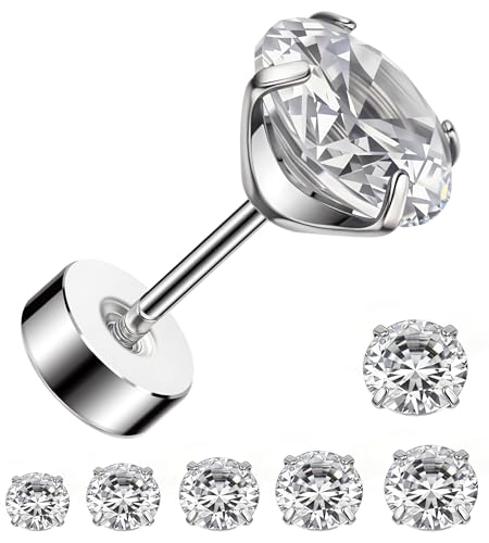 6 Pairs 20G Flat Back Stud Earrings, 316L Surgical Steel CZ Set | Hypoallergenic 316L surgical steel, AAAAA CZ, secure screw backs and six 2-8mm sizes for sensitive ears, helix and tragus.