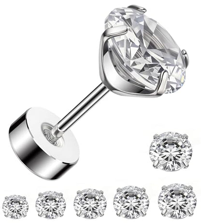 6 Pairs 20G Flat Back Stud Earrings, 316L Surgical Steel CZ Set | Hypoallergenic 316L surgical steel, AAAAA CZ, secure screw backs and six 2-8mm sizes for sensitive ears, helix and tragus.