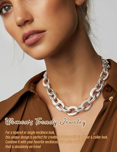 Magitaco Chunky Choker Necklace for Women, Cuban Link Chain Thick Statement Necklace, Big Double O Link Necklaces Women's Trendy Jewelry for Ladies - color: Sliver color