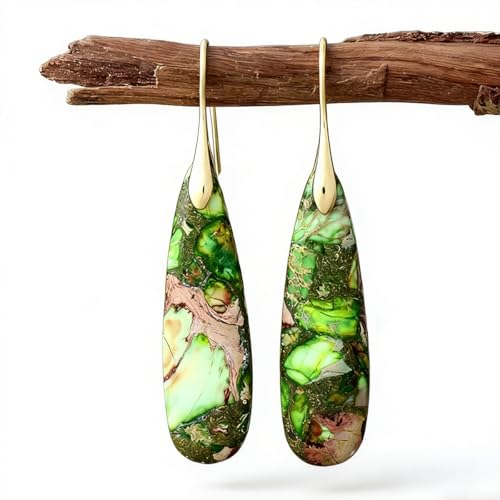 Boho Natural Imperial Jasper Teardrop Dangle Earrings for Women – Hypoallergenic French Hook Stone Drop Earrings Jewelry - color: Green Golden Hook #2