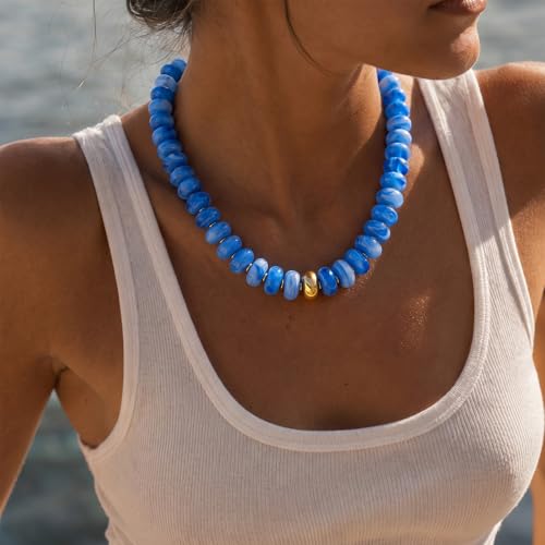 Beaded necklace for Women Boho Bead Gemstone Chunky Necklace Big Bead Necklace Fashion Trendy Summer Necklaces Jewelry Gifts - color: Light Bleu&GD Beaded