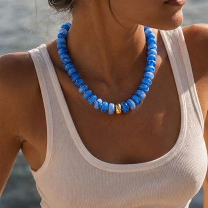 Beaded necklace for Women Boho Bead Gemstone Chunky Necklace Big Bead Necklace Fashion Trendy Summer Necklaces Jewelry Gifts - color: Light Bleu&GD Beaded