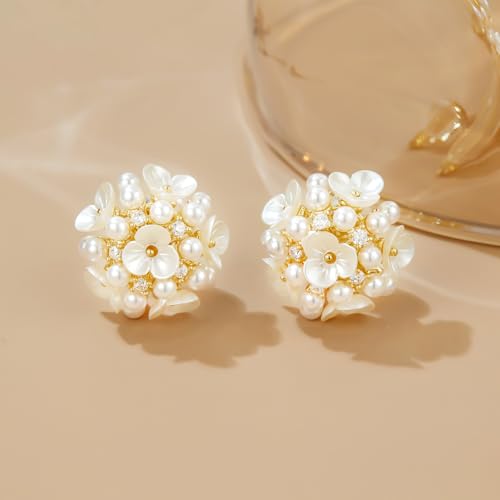 YOQUCOL Simulated Pearl Flower-Cluster Shape Clip On Stud Earrings Non Pierced Ear Earrings for Women - color: Plum blossom