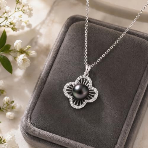 Genuine Tahitian Black Pearl Necklace for Women, 9-11mm AAAA Seawater Pearl with Sterling Silver Moissanite Pendant, Jewelry Gift for Wife, Mom, Girlfriend, Wedding Anniversary, Birthday, Christmas - size: 9-10mm, style: Clover Bloom