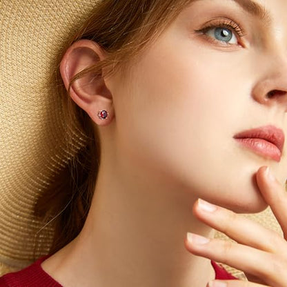 DAYBYDAY 925 Sterling Silver Birthstone Earrings for Women, Crystal Stud Earrings, 6.5mm Round Cut Solitaire Gemstone Earrings Birthday Jewelry - style: Round Cut-07. Jul/created ruby
