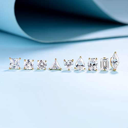 MDFUN 9 Pairs 18K Gold Plated Stud Earrings Set for Women, Cubic Zirconia Earrings Studs, CZ Diamond Jewelry Hypoallergenic, Round Square Teardrop Eye Heart Cut, Size 6-11mm - color: Gold