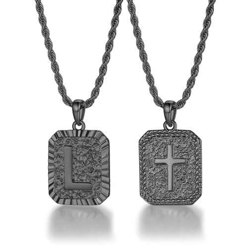 ASUWISH Gold Initial Necklaces for Men and Women, 18K Gold Plated Letter A-Z Cross Pendant with Adjustable Rope Chain, Letter Necklace for Women and Men - color: L, style: Black